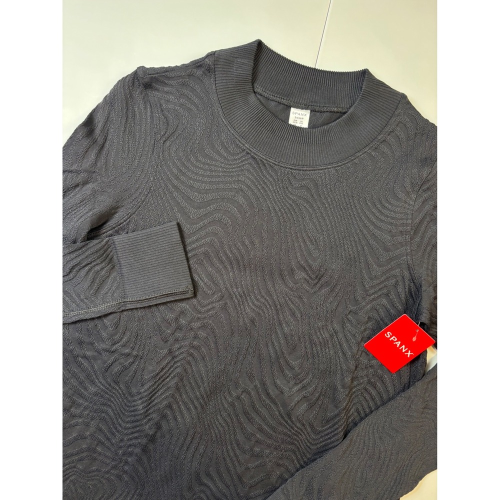 Spanx Textured Wavy‎ Mock Neck Long Sleeve Top Very Black 50488R Womens Small